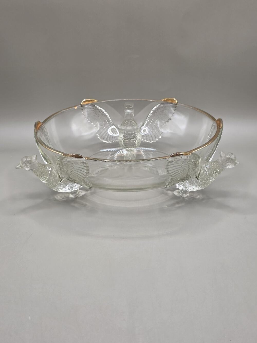 Vintage Jeannette Glass Molded Flying Pheasants 3 Footed Bowl Clear Gold Rim...